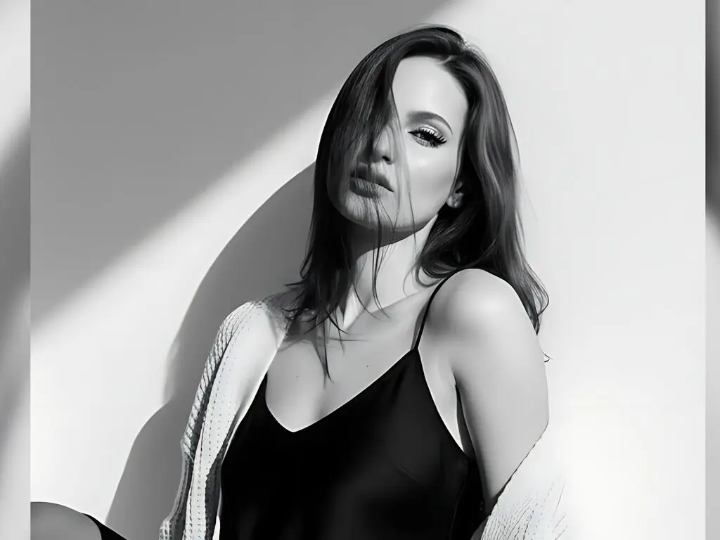 Elegant woman in a black silk camisole and white cardigan posing against a minimalist backlit studio background.