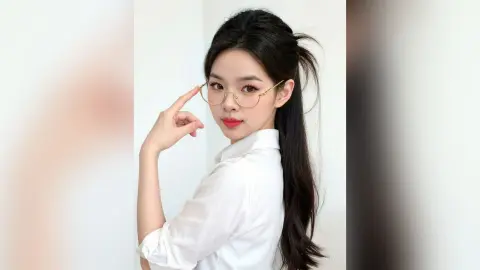 Young woman in a white button-down shirt wearing gold wire glasses against a bright minimalist background.