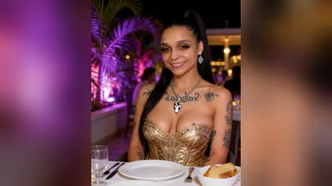 BiancaBell smiles while wearing a gold corset and silver necklace, sitting at a dinner table with a plate and glass in front of her.