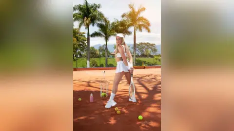 AndreaKalo poses on a clay tennis court wearing a white sports bra and skirt with a white cap, holding a tennis racket.