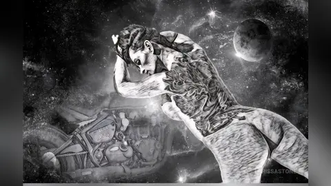 Black and white surreal art of a muscular woman leaning over a vintage motorcycle in a cosmic space setting.