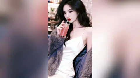 Elegant woman in a white satin slip dress and grey faux fur coat sipping a pink drink in a moody lounge setting.