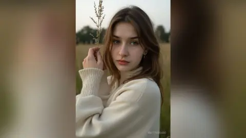 Young woman in a cream knit sweater holding dried grass in a dreamy, soft-focus meadow setting.
