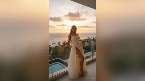 Elegant woman in a white strapless gown standing on a luxury balcony overlooking the ocean at sunset.