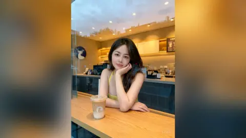 Young woman in a yellow tank top sitting at a cafe counter with an iced coffee in a cozy indoor setting.