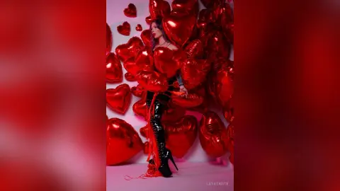 LeyaTaryn poses in black high boots and lingerie amidst a pile of red heart-shaped balloons.