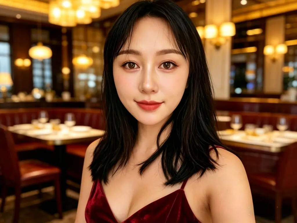 Beautiful woman in a red velvet dress smiling in a warm, dimly lit luxury restaurant setting.