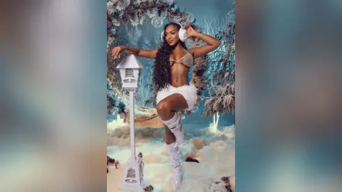 Smiling woman in a white fuzzy bikini and boots posing in a dreamy winter wonderland setting.