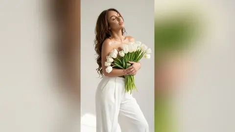 Serene woman in white linen trousers holding a large bouquet of white tulips against a minimalist background.