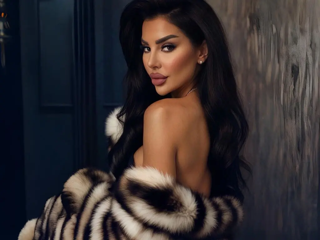 Glamorous woman in a black and white faux fur coat posing with elegant makeup in a moody studio setting.