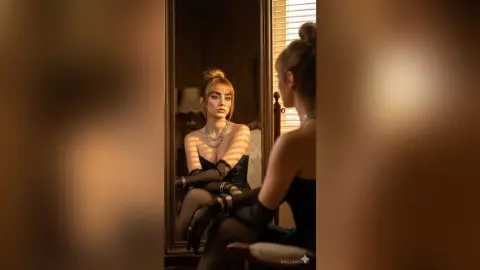 Elegant woman in a black dress and silver necklace gazing into a mirror in a warm, moody indoor setting.