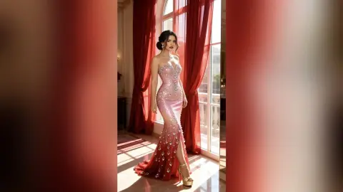 Elegant woman in a sparkling pink mermaid gown posing by a window with red curtains in a luxury room.