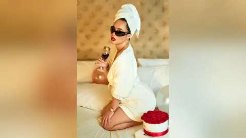 Glamorous woman in a white bathrobe and sunglasses relaxing on a bed with red roses and wine.