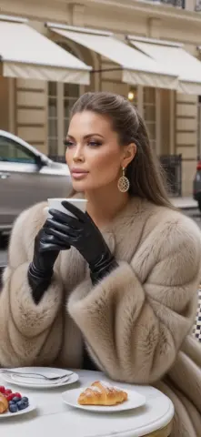 Elegant woman in a beige faux fur coat and black leather gloves enjoying coffee at an outdoor Parisian cafe.