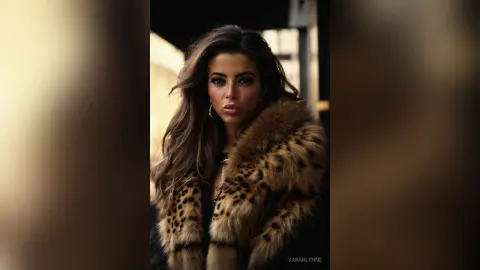 Glamorous woman with long wavy hair wearing a luxurious leopard print faux fur coat in a moody urban setting.