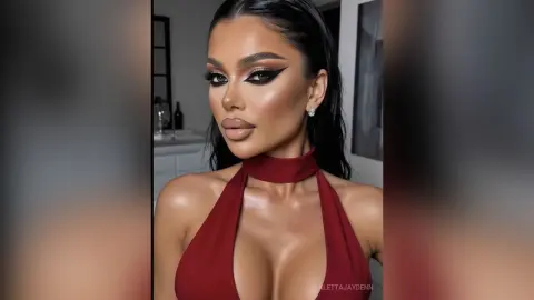 Glamorous woman with dramatic winged eyeliner in a deep red halter neck dress posing in a modern interior.