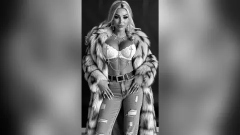 Glamorous blonde woman in a white lace bra, denim jeans, and a luxury faux fur coat posing in a moody studio.