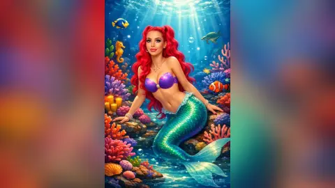 Beautiful red-haired mermaid with a green tail sitting in a vibrant, colorful coral reef underwater paradise.