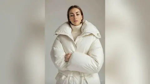 Young woman in a cozy white oversized puffer jacket posing against a neutral studio background.
