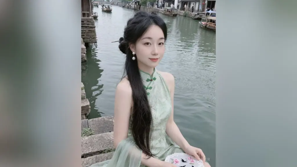 feier — feier wears a light green cheongsam and sits by a stone canal, looking toward the camera with her long black hair styled down.