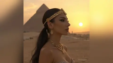 Woman in gold Egyptian jewelry and headpiece posing against the Great Pyramids at sunset.