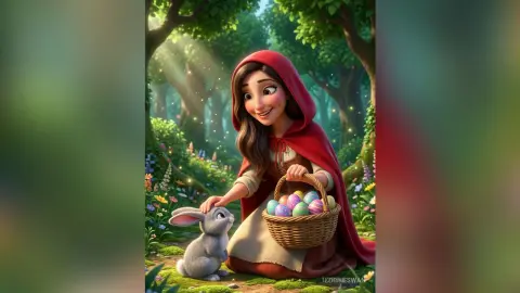 Little Red Riding Hood in a red cloak holding a basket of colorful eggs in a magical, sunlit forest.