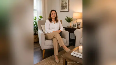 Professional woman in a white blouse and khaki trousers sitting in a cozy living room setting.