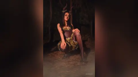 JessieLiu poses in a dark forest wearing a brown deer costume with ears and a furry skirt.