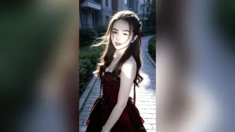 Elegant woman in a dark red velvet gown posing outdoors in soft sunlight with a romantic mood.