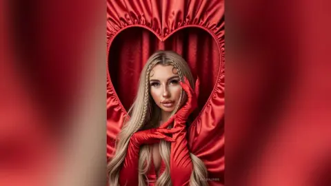 Glamorous blonde woman in a red satin outfit posing inside a heart-shaped red curtain frame.