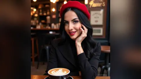 Elegant woman in a black turtleneck and red beret enjoying coffee in a cozy, dimly lit cafe.