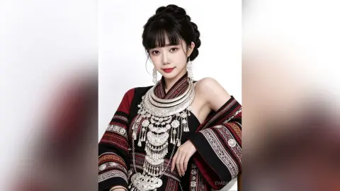 Young woman in traditional ethnic attire with ornate silver jewelry and intricate patterned fabric.