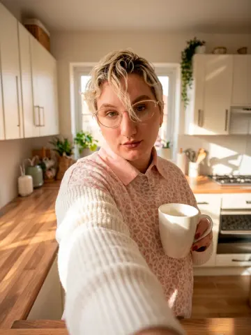 Young woman with blonde curly hair wearing glasses and a pink patterned sweater in a sunlit kitchen.