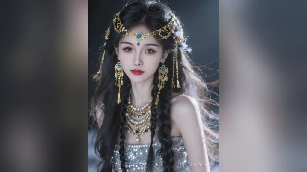 AngerlaMei — AngerlaMei wears a gold headpiece and heavy gold earrings with a matching beaded necklace and silver glittery top.