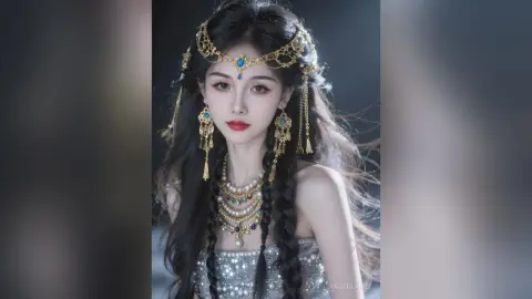 Elegant woman in ornate gold jewelry and silver gown with long dark braids in a dreamy atmosphere.