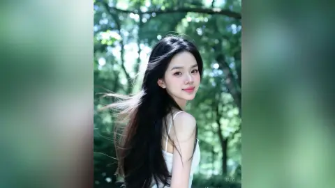 Beautiful young woman in a white tank top smiling in a lush green forest setting with a dreamy mood.
