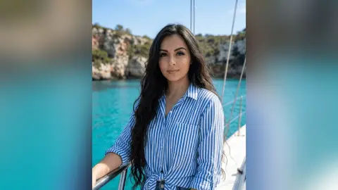 Smiling woman in a blue striped shirt relaxing on a boat in turquoise ocean waters under bright sunlight.