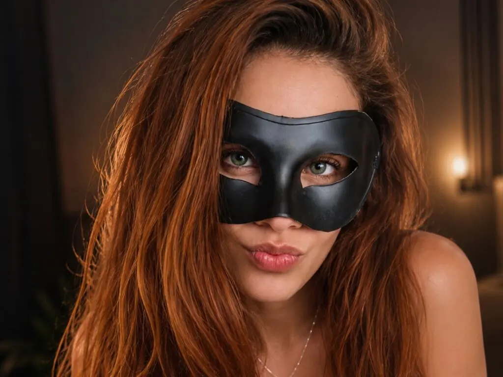 Redheaded woman in a black masquerade mask posing with a playful expression in moody indoor lighting.
