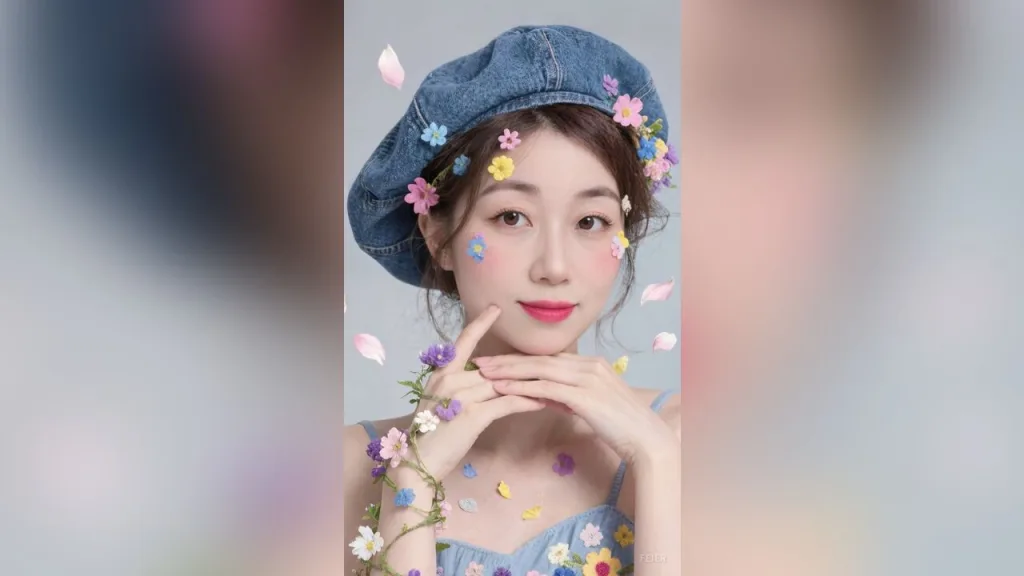 feier — feier wears a blue denim beret decorated with colorful flowers while posing with petals falling around her.