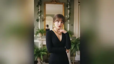 Elegant woman in a black v-neck dress and gold jewelry posing in a bright, classic room with greenery.