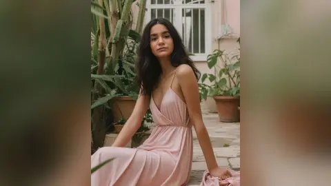 Young woman in a pink slip dress sitting in a lush garden setting with a serene mood.