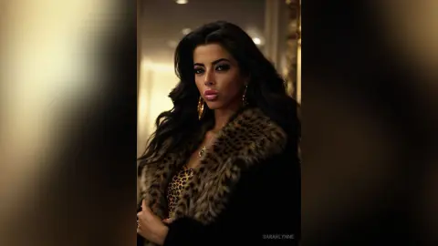 Elegant woman in a leopard print top and black coat posing with a glamorous mood in a luxury indoor setting.