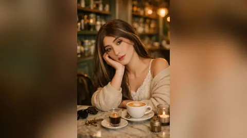 Young woman in a white lace top relaxing at a cozy cafe with coffee on a marble table.