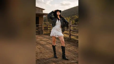 IngridSaint poses outdoors in a white dress, black leather jacket, and cowboy boots while wearing a black hat.