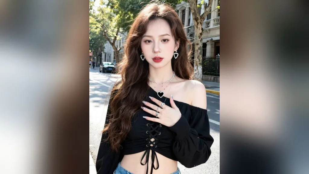 AnnLinMei — AnnLinMei wears a black off-the-shoulder lace-up top and heart jewelry while standing on a city street.