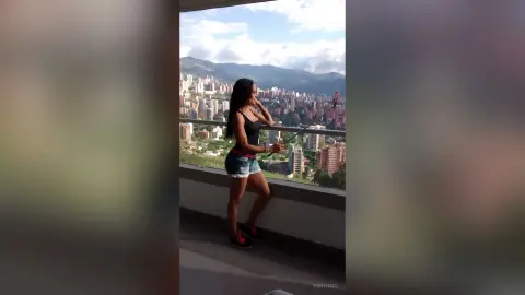 Young woman in a black tank top and denim shorts taking a selfie on a high-rise balcony overlooking a city skyline.