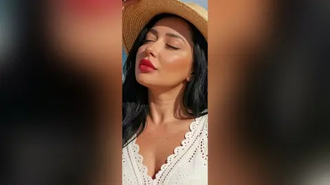 AnneThompson poses outdoors in a straw hat and white lace top, looking up with red lipstick and long dark hair.