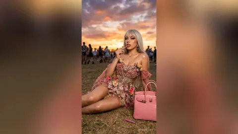 Glamorous woman in a floral pink lace dress sitting on grass during a dreamy sunset outdoor event.