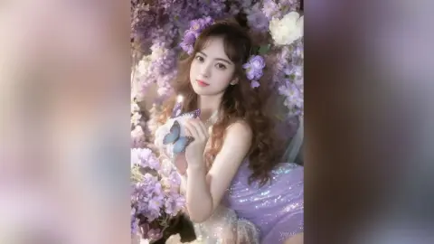Dreamy portrait of a young woman in a lavender dress surrounded by purple flowers and butterflies.