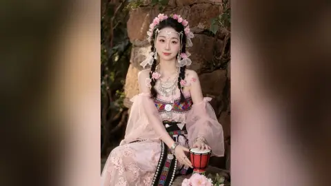 Young woman in ethereal pink floral hanfu and silver jewelry playing a small drum in a lush garden setting.